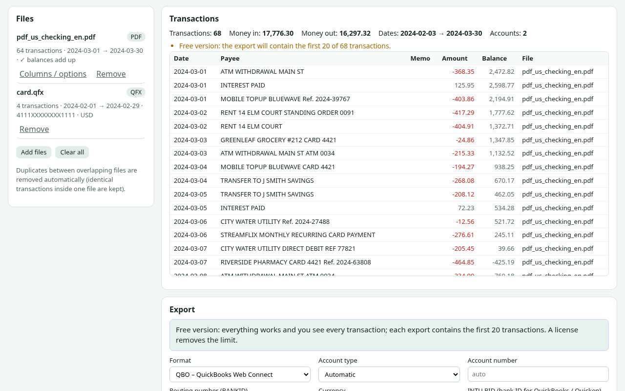 Ledgermere showing transactions read from several bank files and the QBO export options