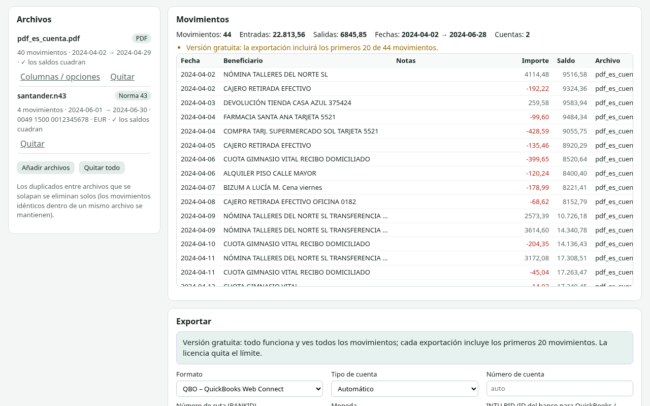 Ledgermere mostrando movimientos leídos de varios ficheros bancarios y las opciones de exportación