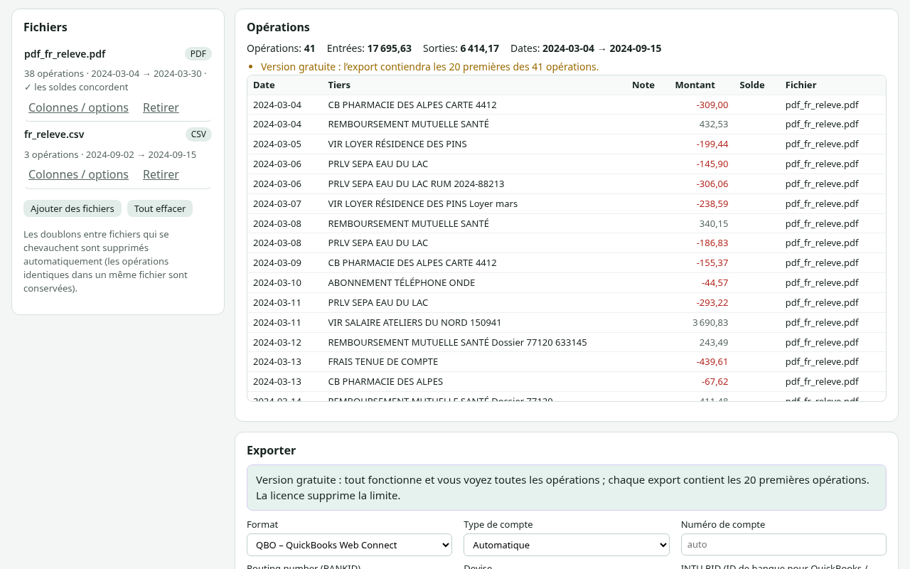 Ledgermere affichant les opérations lues dans plusieurs fichiers bancaires et les options d’export